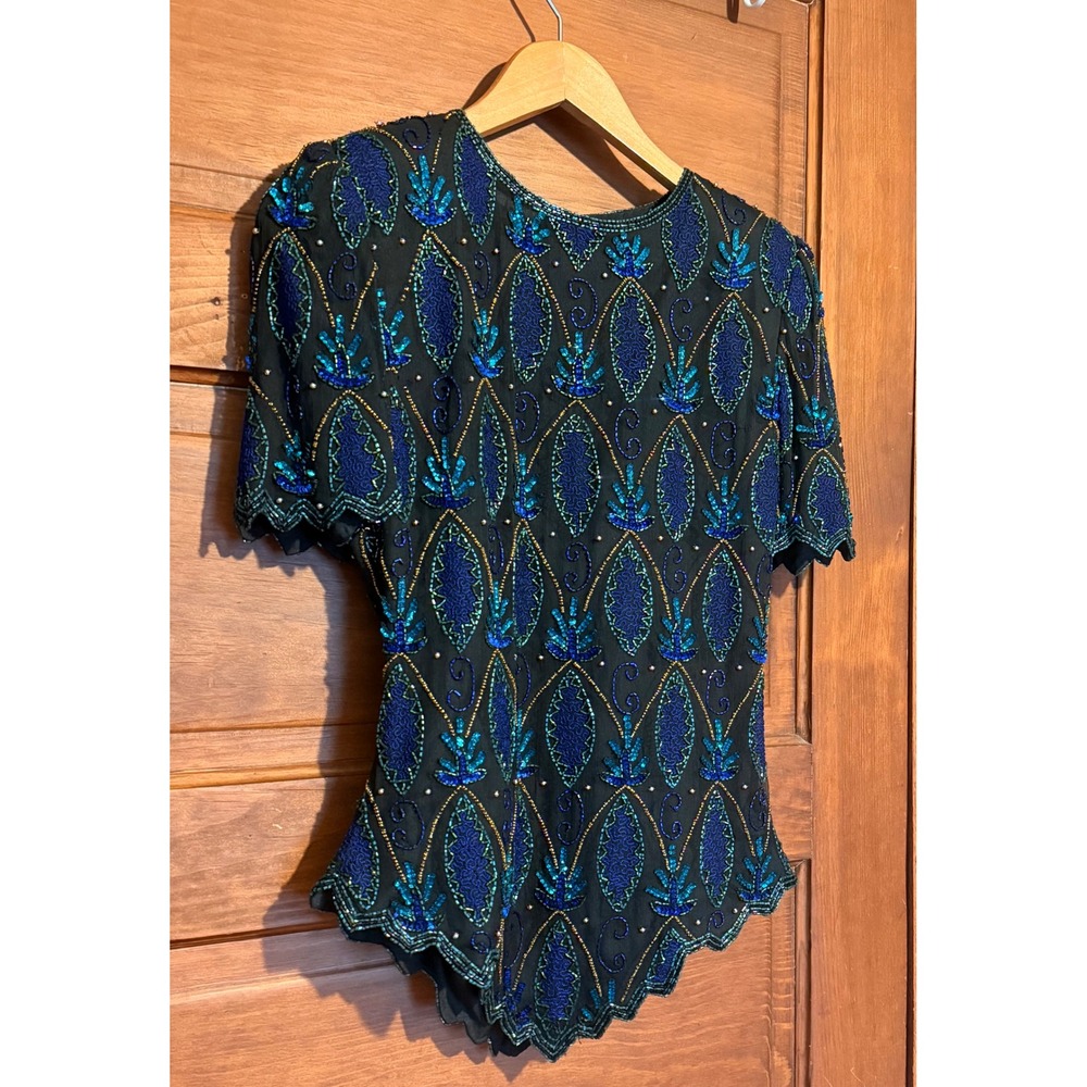 Vintage Laurence Kazar New York Beaded Sequin Blue Scalloped Evening Top
